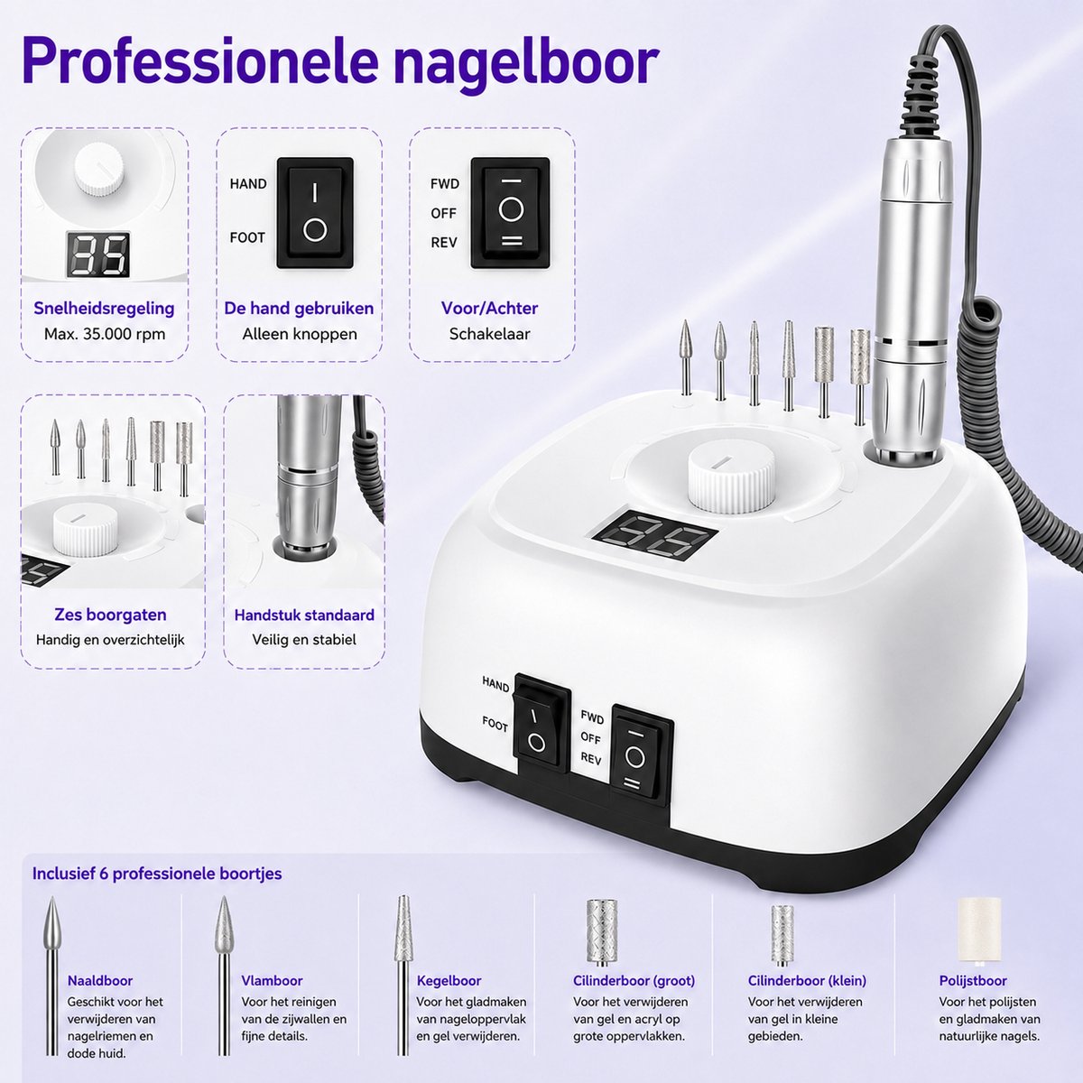 Professionele Elektrische Nagelvijl 35000 RPM – 11-in-1 Nagelfrees Set – Elektrische Nagelboormachine voor Gel- & Acrylnagels – Manicure en Pedicure Nagelapparaat met Freesbits – Voor Thuis & Nagelstudio – Wit