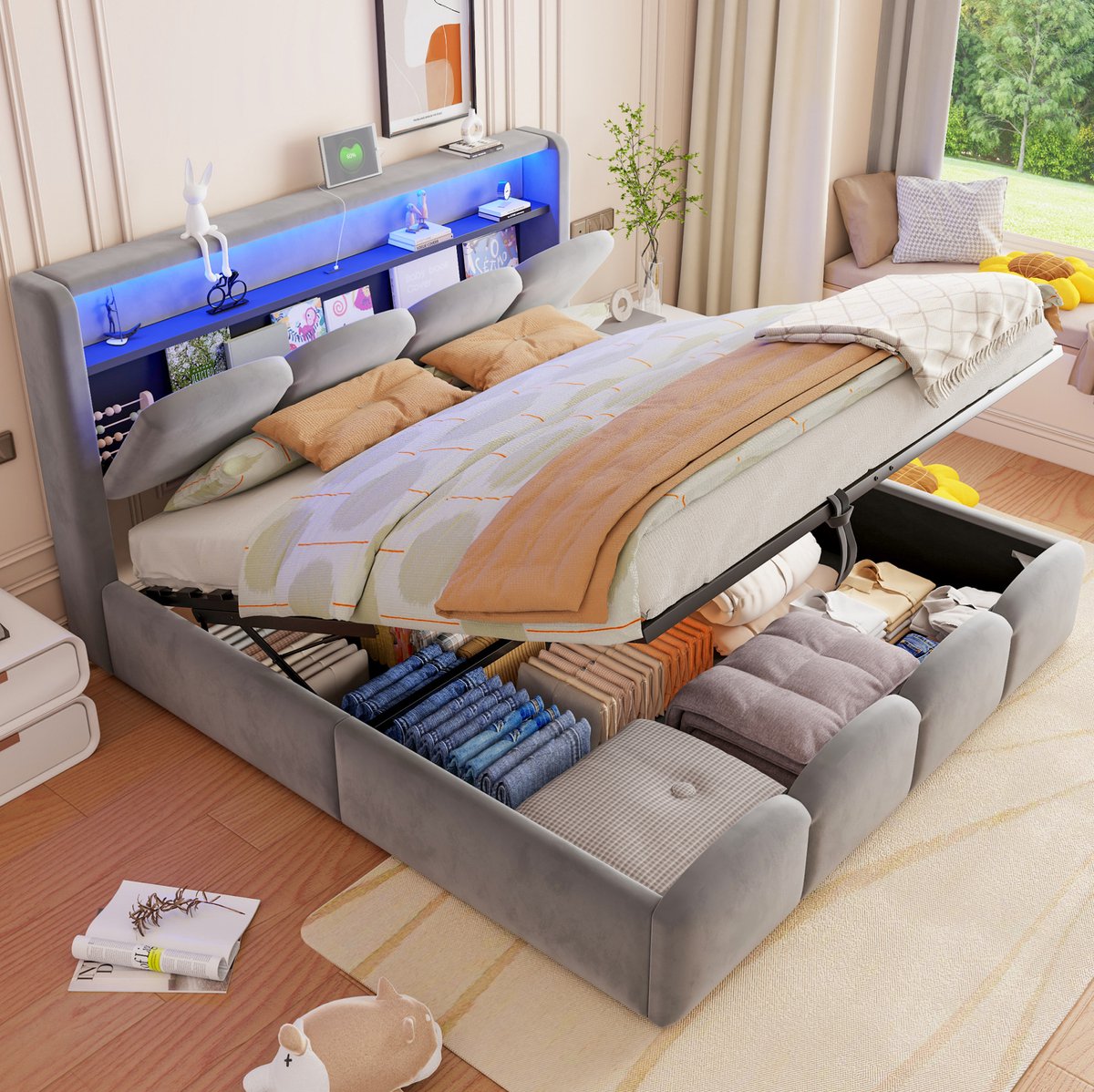 COVREO Bed 140x200 cm grijs, stof, met LED en opbergruimte