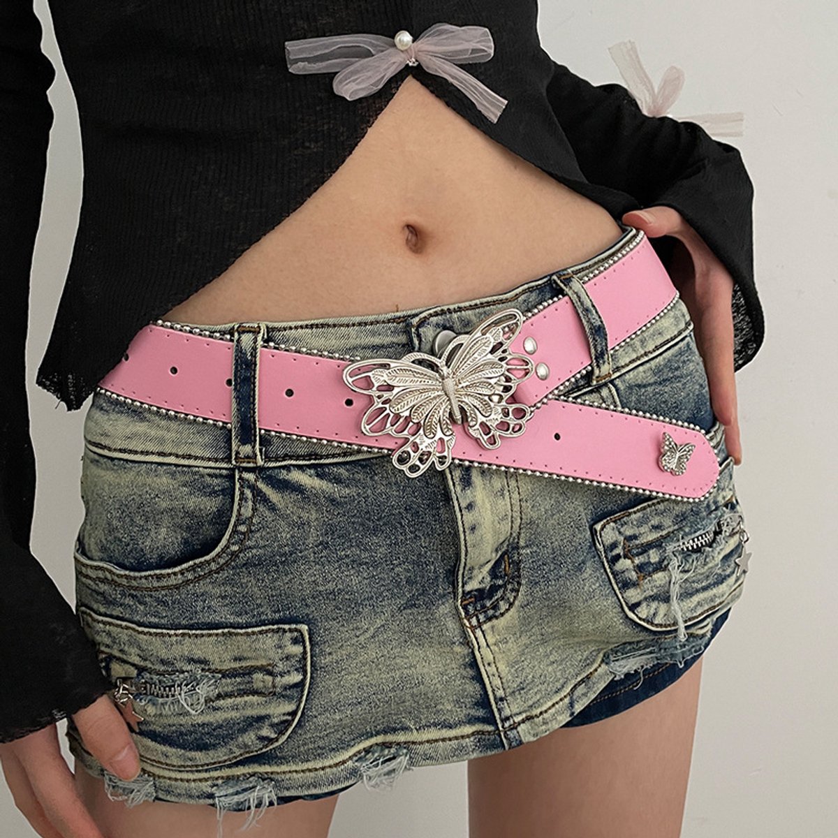 Verstelbare Y2K tailleriem voor dames, brede PU leren riem met vlinder gesp, Roze damesriem voor jeans en broek - modieus vintage accessoire voor meisjes en tieners