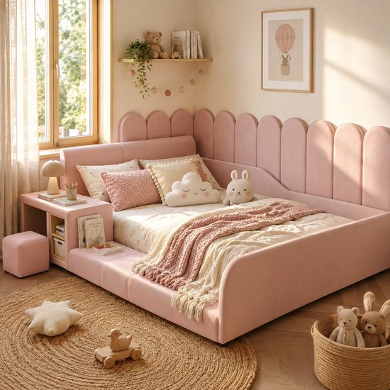 Roze gestoffeerd kinderbed met scalloped hoofdeinde, ingebouwde opbergplanken, bureau en krukje. Inclusief knuffels en beddengoed.
