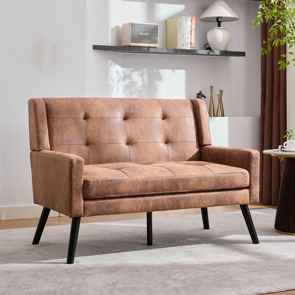 Wishdor 2-zits zitbank - Gecapitonneerde bekleding - Houten hoge poten - Compact voor woonkamer, slaapkamer of kantoor - Gestoffeerd - Koffie - 119 x 75 x 88 cm