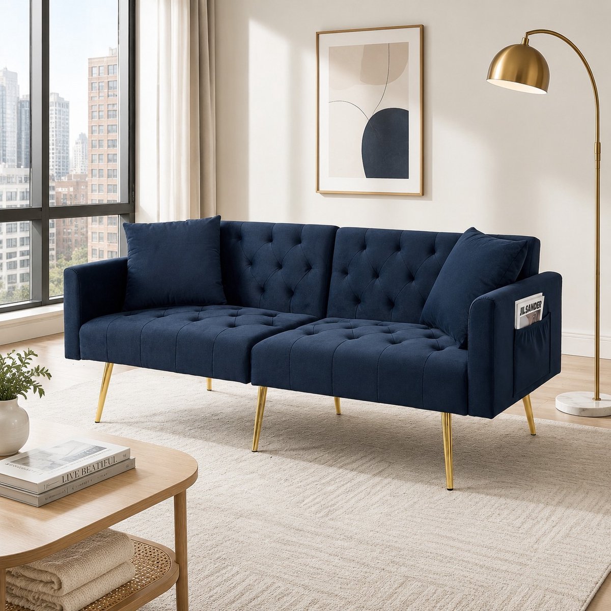 Wishdor Slaapbank - Verstelbare rugleuning - 2 kussens - Fluweel - Blauw - 177 x 78 x 74 cm