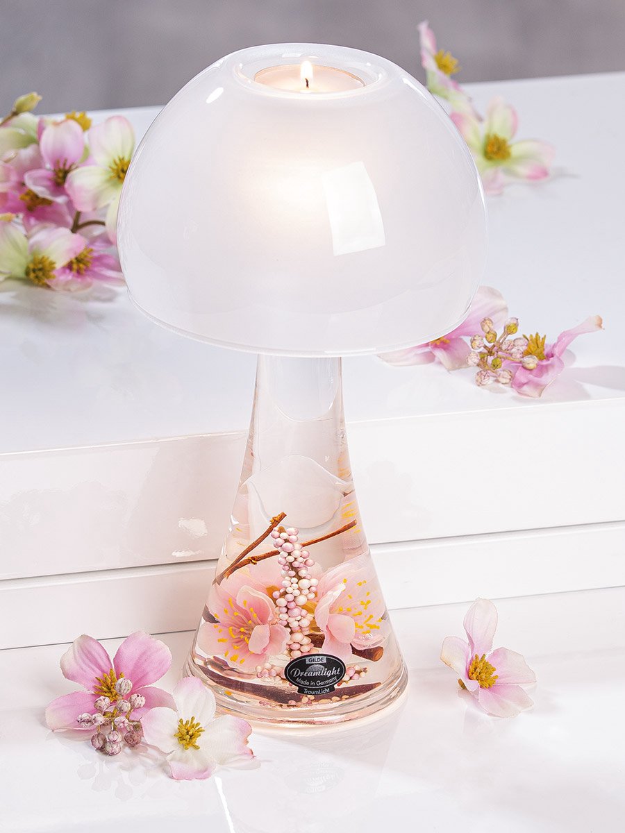 Waxinelichthouder met zalm rose uitstraling en ledlamp – Glas met bloemen – 12x12x23 cm | Luxe Decoratie