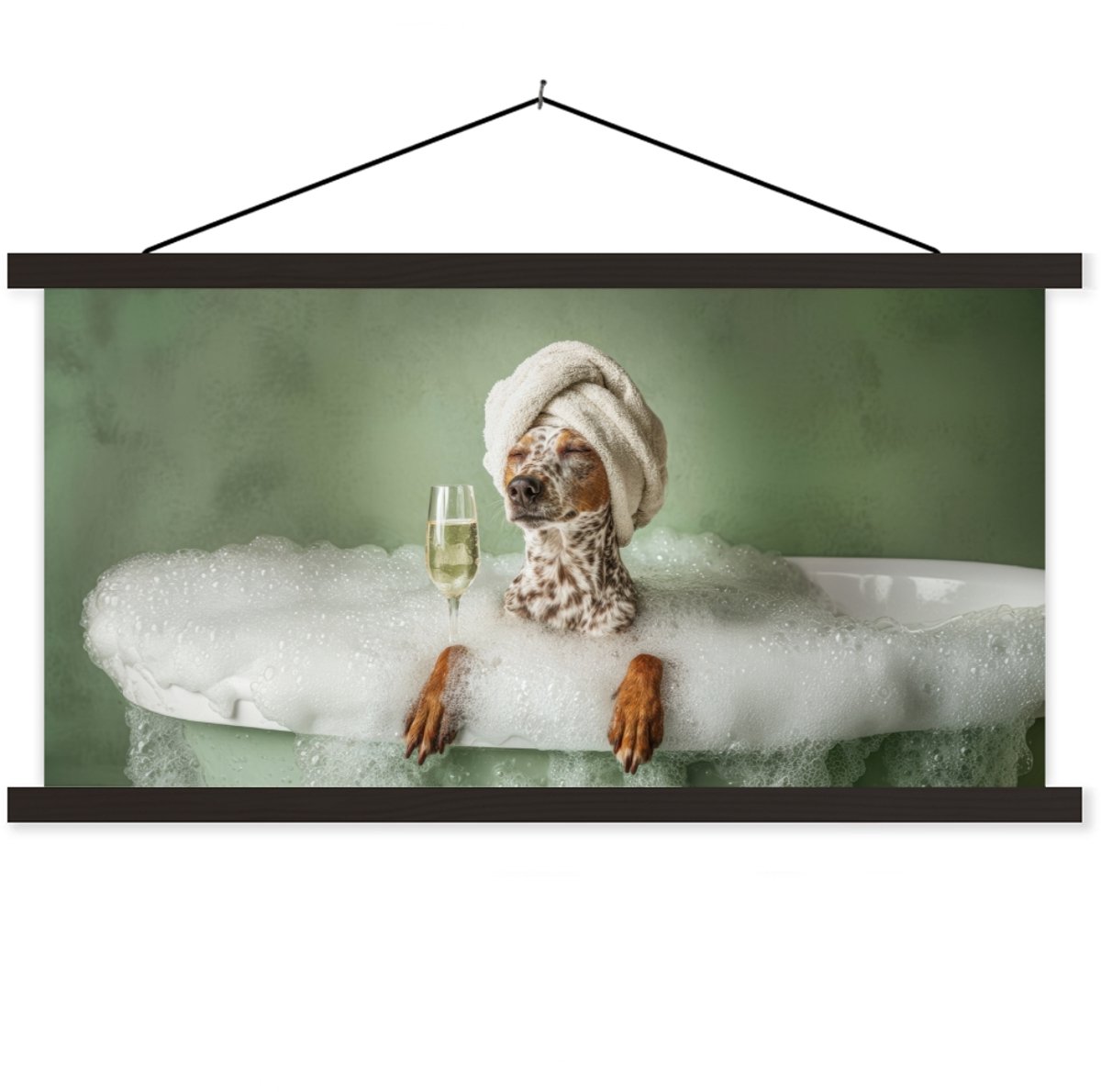 Posterhanger incl. Poster 90x45 cm - Schoolplaat - Hond - Bad - Champagne - Handdoek - Tex