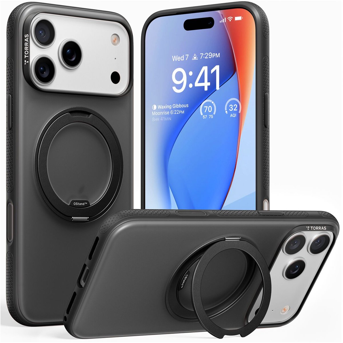 TORRAS O Fitness - Hoesje Geschikt voor Apple iPhone 17 Pro - Compatibel met MagSafe - 360° Draaibare Magnetische Standaard - Kickstand Back Cover - Militaire Bescherming - Zwart