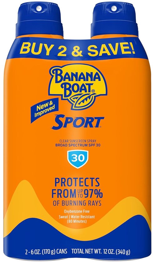 Een fles Banana Boat Sport Clear Sunscreen Spray SPF 30 met de tekst 'New & Improved' en 'Buy 2 & Save!'.