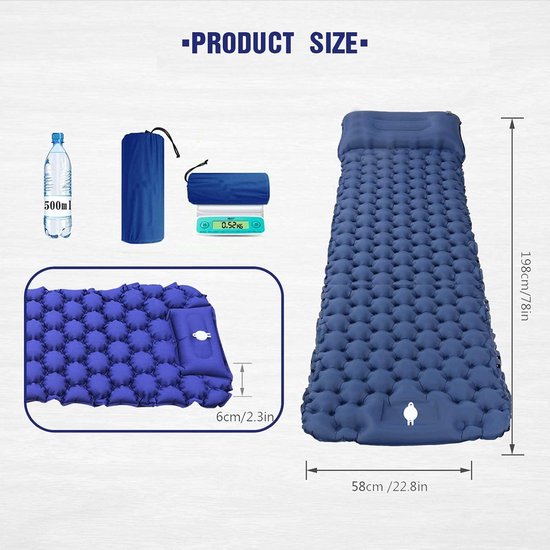 Opblaasbare slaapmat - Kampeer mat - Outdoor slapen - Ingebouwde voetpomp - 198 x 58 cm - Marineblauw — afbeelding 2