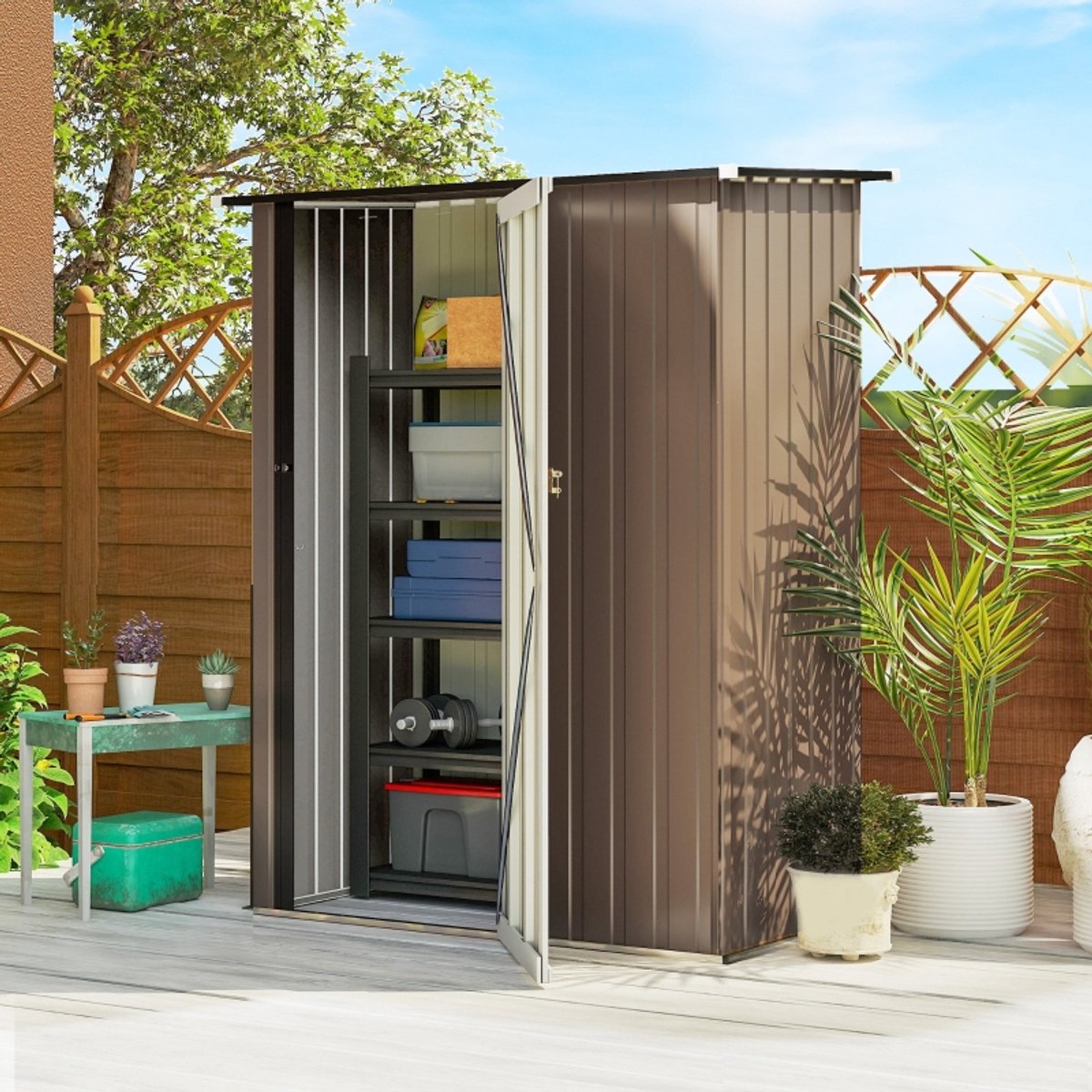 Tuinhuis Metaal, Metalen Schuurtje, Tuinberging Metaal, Gereedschapshok, Tuinschuur 1.07 m² Met Schuin Dak, 142 X 84 X 189 Cm, Gereedschapsschuur Met Afsluitbare Deur, Tuinhuis, Staal, Bruin