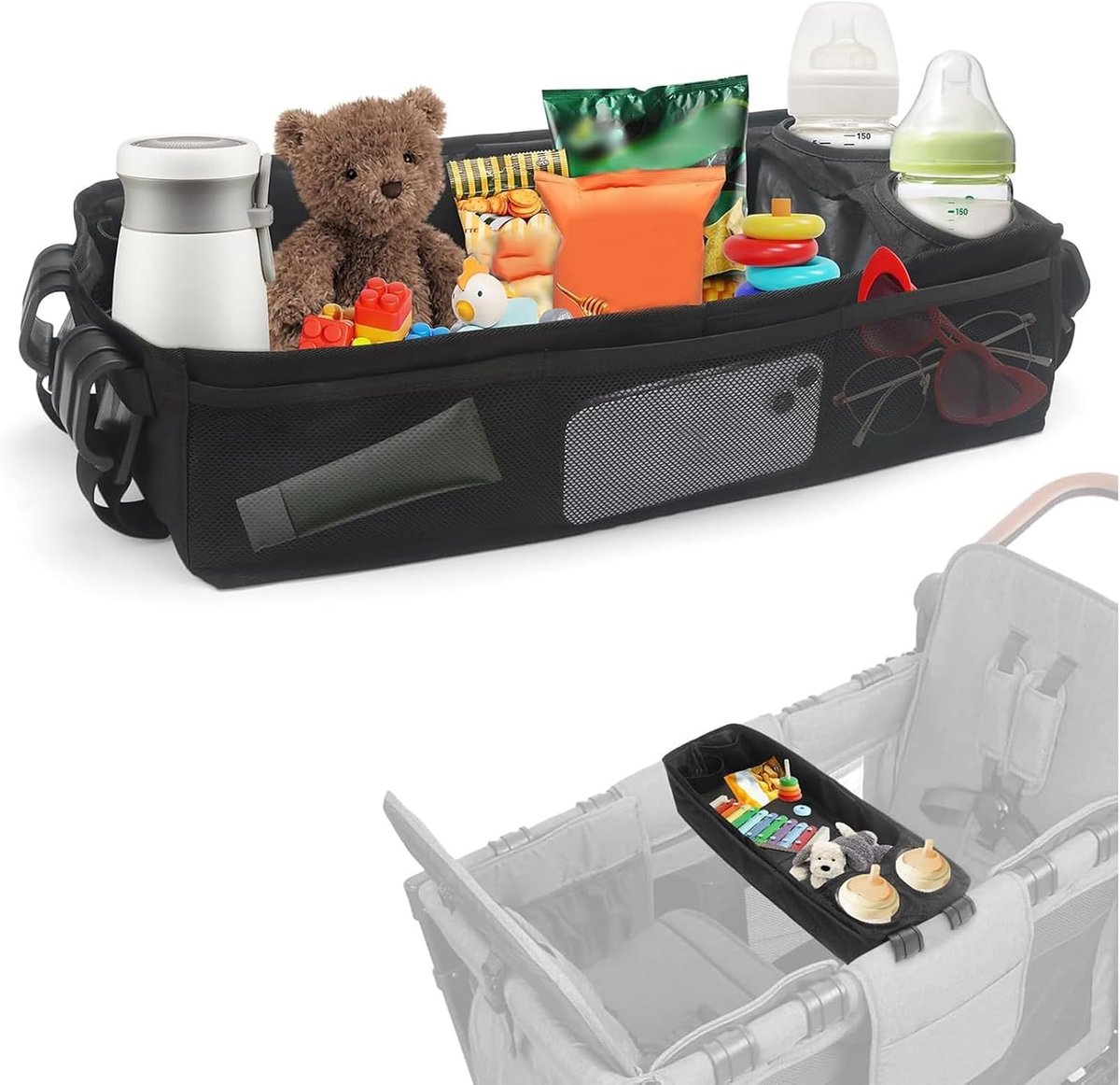 Kinderwagen Snack Lade - Bekerhouder Organizer - Onderweg Eten - Antislip Klemontwerp - 50 x 22 cm - Zwart
