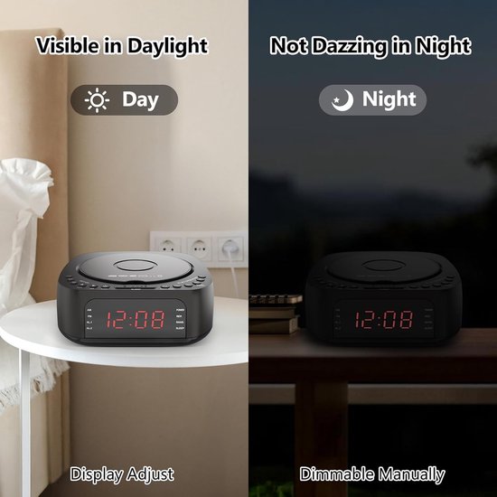CD-speler-wekker met afstandsbediening: CD/MP3, Bluetooth, FM-radio met luidsprekers, USB-oplader en dimbaar display voor de slaapkamer - dubbel alarm met instelbaar geluid, geschikt voor zowel diepe als lichte slapers. — afbeelding 3