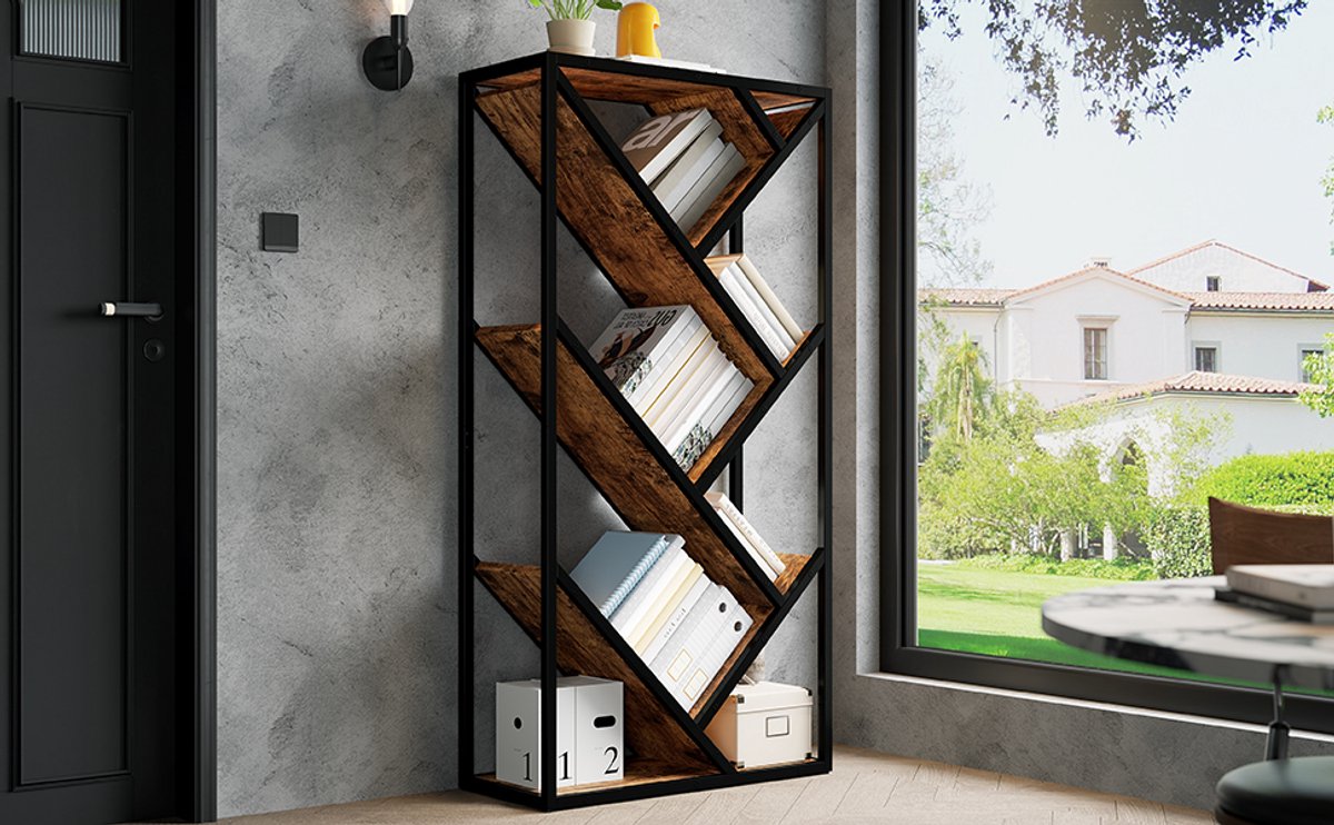 Boekenkast Boomvormig - Hoek Boekenkast Met Metalen Frame - Zwart Bruin Opbergrek