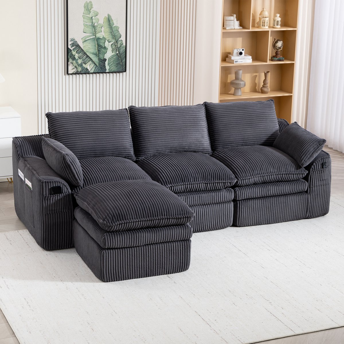DESMIU Hoekbank 263 x 167 x 85 cm - Modulaire 3-Zits Met Hocker, Kussens En Zijvakken - Vo