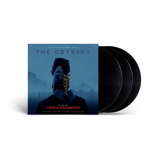 Drie zwarte vinylplaten naast de albumhoes van "The Odyssey", die een Griekse krijger in profiel toont.