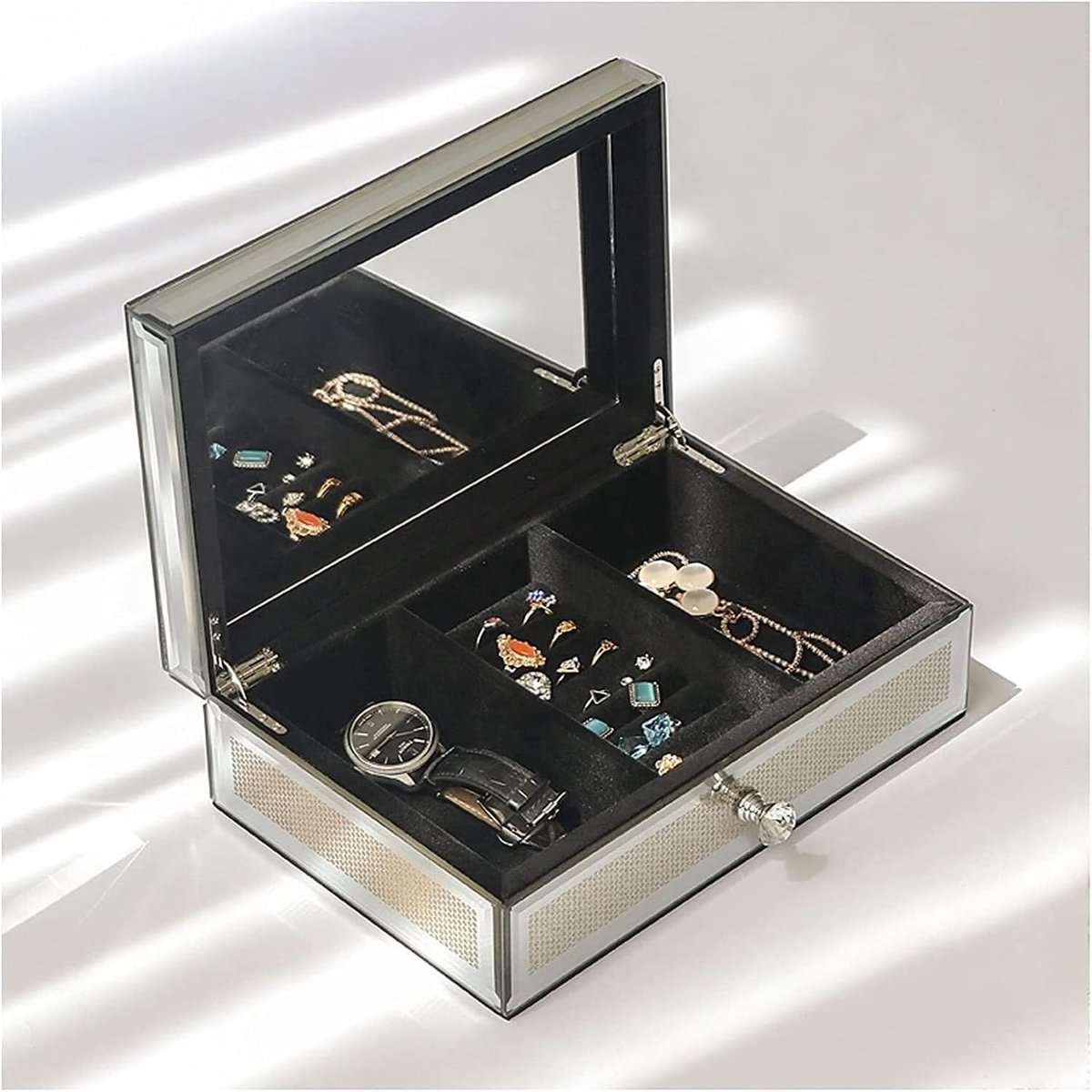 Juwelendoos Luxe Glas - Opbergdoos Sieraden - Sieraden Organiseren - Kristal Design - Dubbele Laag - A