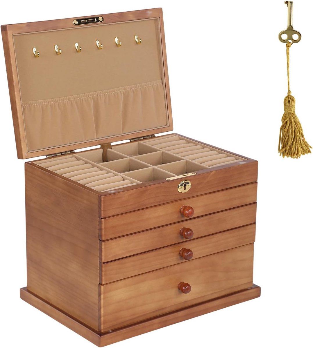 Houten Sieraden Doos - Opbergkoffer Accessoires - Sieraden Organiseren - Vijf Laags Ontwerp - 31W x 25H cm - Bruin