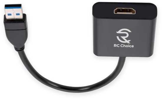 Zwarte USB-A 3.0 naar HDMI adapter met RC Choice logo.
