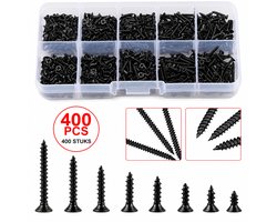 400-Delige M2 Zelftappende Schroevenset Zwart – 8 Maten (4 t/m 20 mm) – Kruiskop Houtschroeven Assortiment – Inclusief Opbergdoos – Voor Hout, Kunststof & DIY Projecten