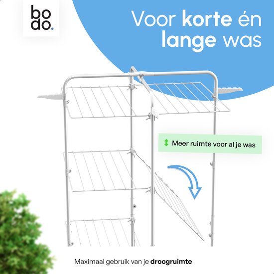 Een witte droogtoren met vier niveaus, met de mogelijkheid om de zijkanten uit te klappen.