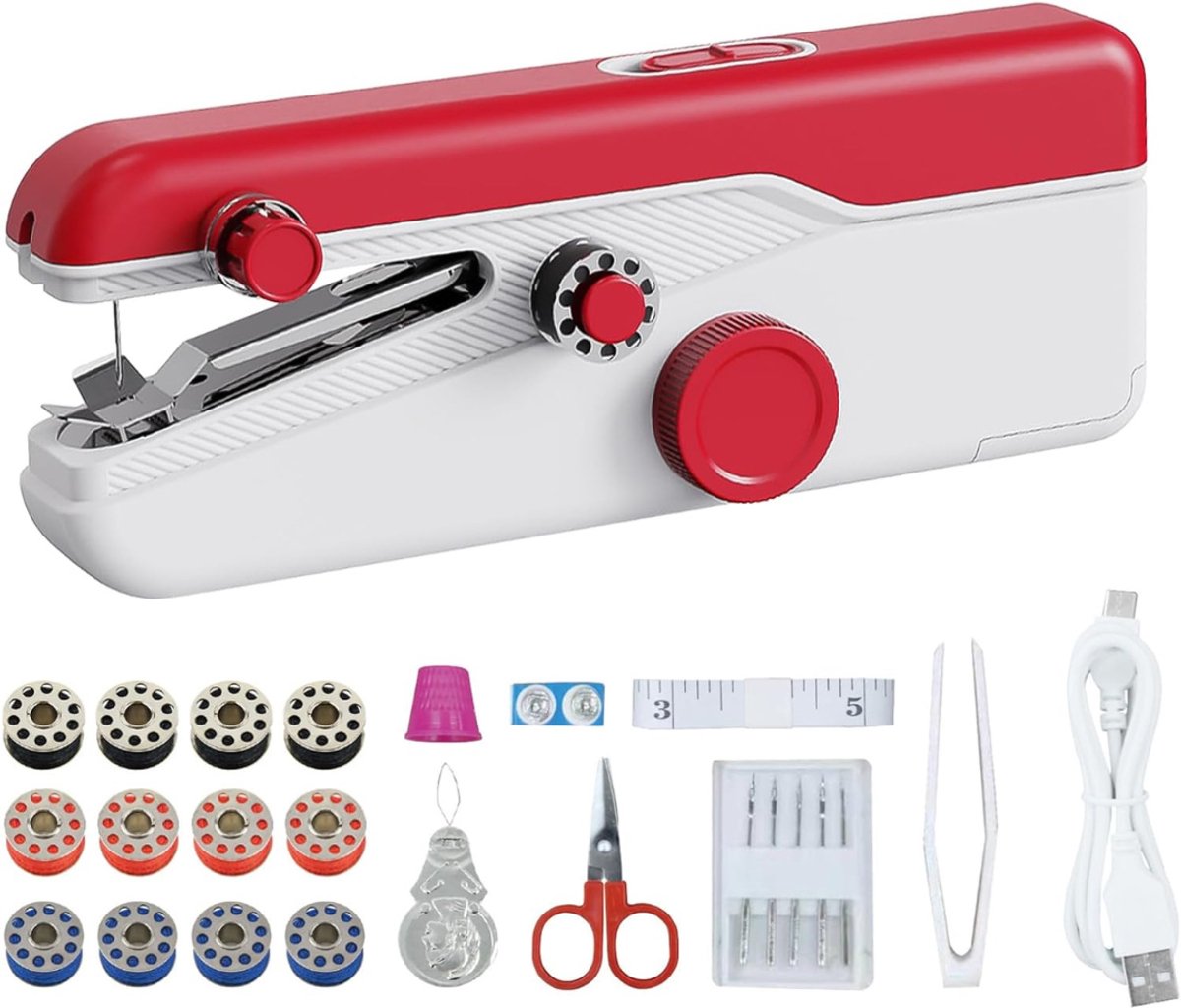 Handnaaimachine - Handnaaimachine - Draagbare Mini-Elektrische Naaimachine - Voor Thuisgebruik Met Twee Snelheden - Naaimachine Voor Vrienden, Familie, Doe-Het-Zelvers Of Beginners - Rood