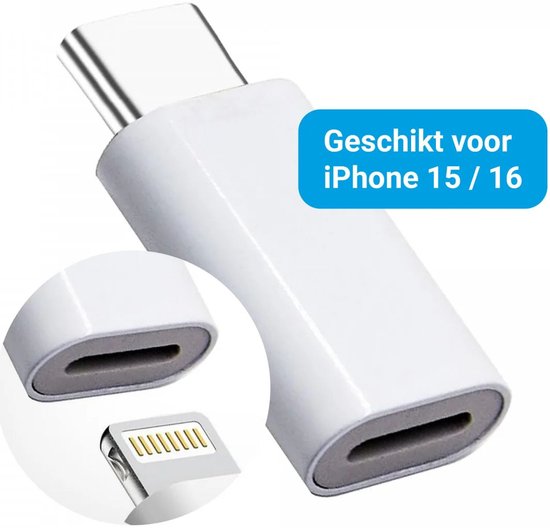 Een witte adapter met USB-C naar Lightning, geschikt voor de iPhone 15/16, met close-ups van de aansluitingen.