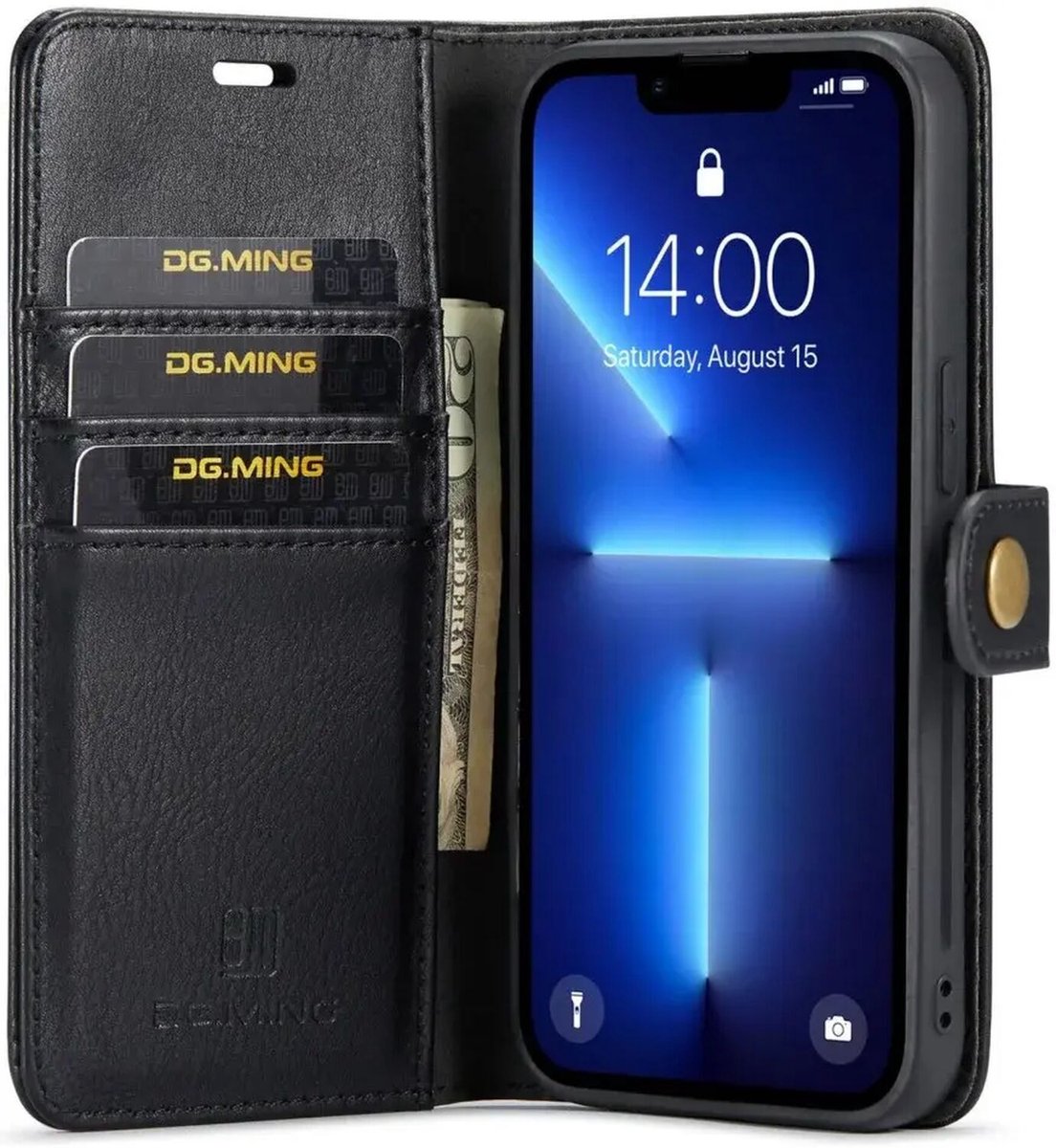 DG Ming Hoesje Geschikt voor Apple iPhone 15 Pro Max - Retro Wallet Book Case - Telefoonhoesje Kunstleer met Pasjes - Portemonnee Hoesje met Kaarthouder op achterkant Zwart