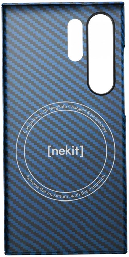 Blauw Neket Fiber telefoonhoesje met zwart rasterpatroon en MagSafe-compatibele cirkel.