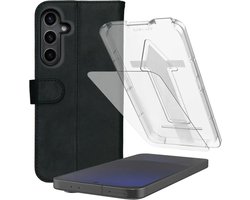 Rosso Deluxe Hoesje + 9H Tempered Glass Geschikt voor Samsung Galaxy A56 – Echt Leer Book Case met Pasjeshouder Zwart + Fingerprint Friendly Screen Protector met Installatietray