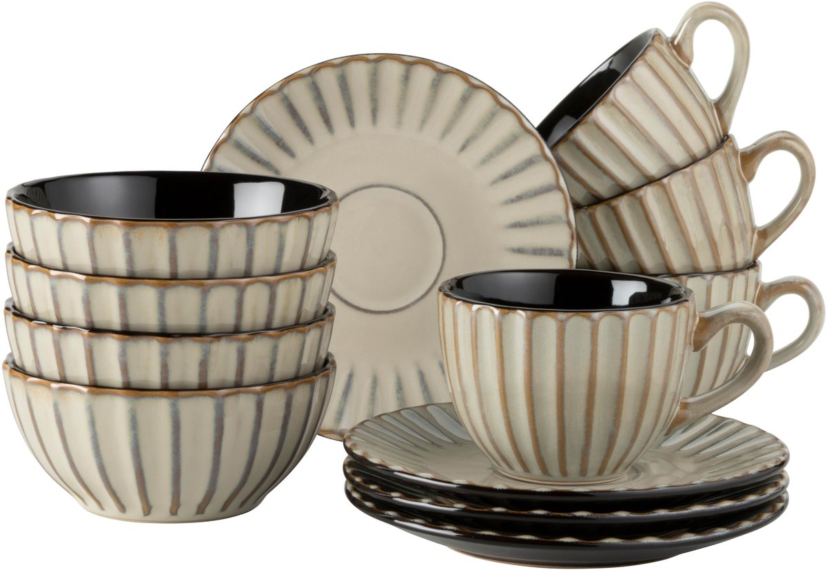 Mäser Breakfast CONFINO 12-delig Ontbijtset in Beige - Compleet Servies voor Ontbijt en Koffie - Keramisch Serviesgoed met Borden, Kommen en Mokken - 2,7 kg Gewicht