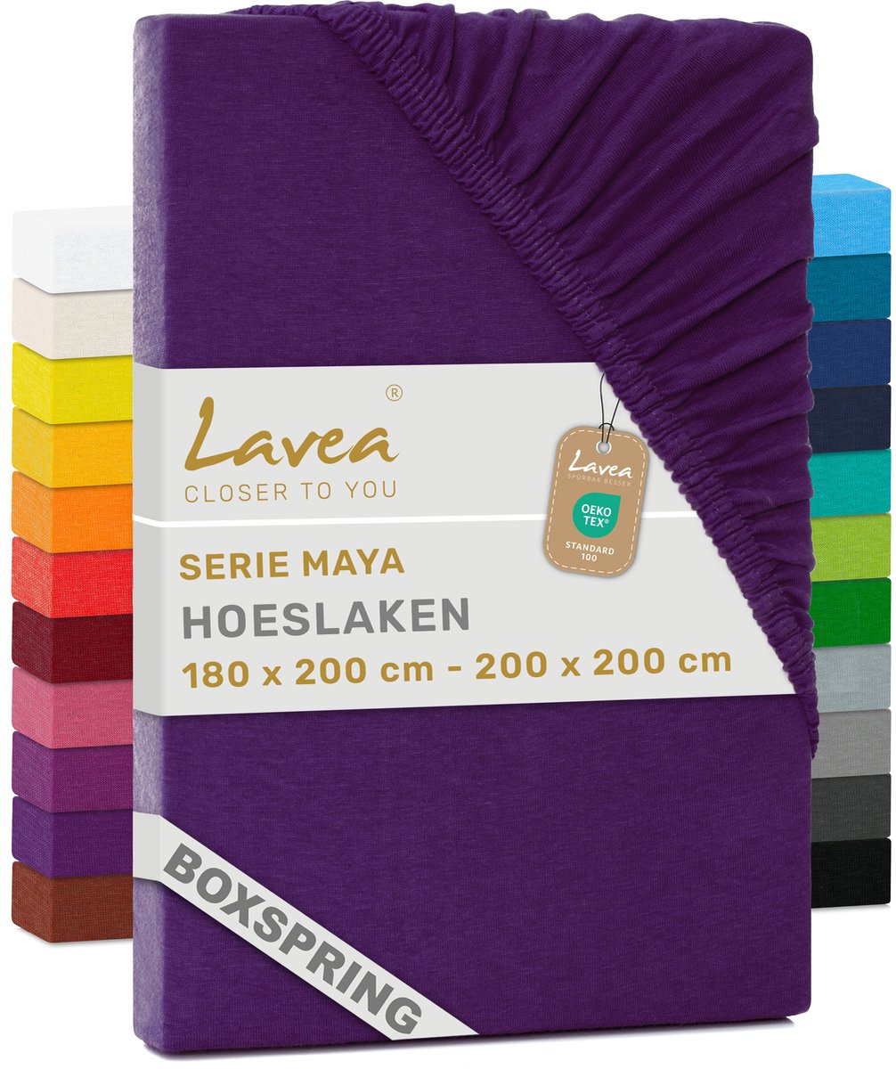 Lavea® Hoeslaken 180x200cm 100% Katoen – Hoge Hoek 35 cm voor Dikke Matrassen – met Elastiek Rondom in Jersey – voor Boxspring – Donkerpaars