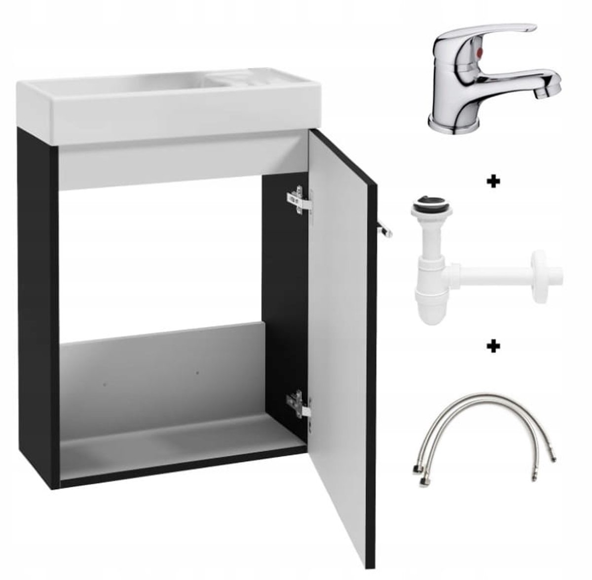Deftrans Small - Badkamerkast met Wastafel - 50x70cm - Zwart - Inclusief Kraan en Sifon