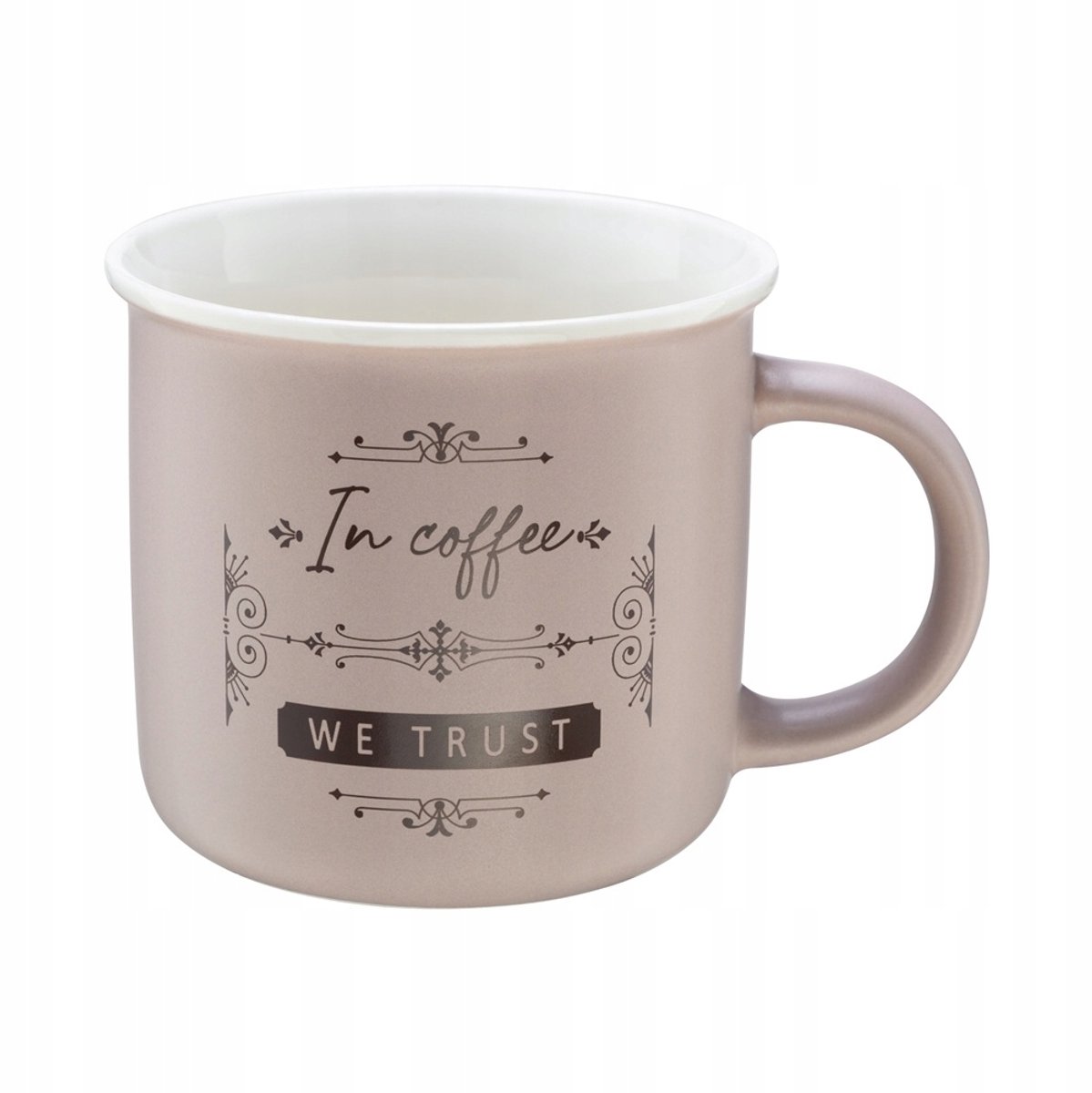 RAVI Morning Brew - Porseleinen Mok - 380ml - Taupe - Satijnen Afwerking - In coffee we trust