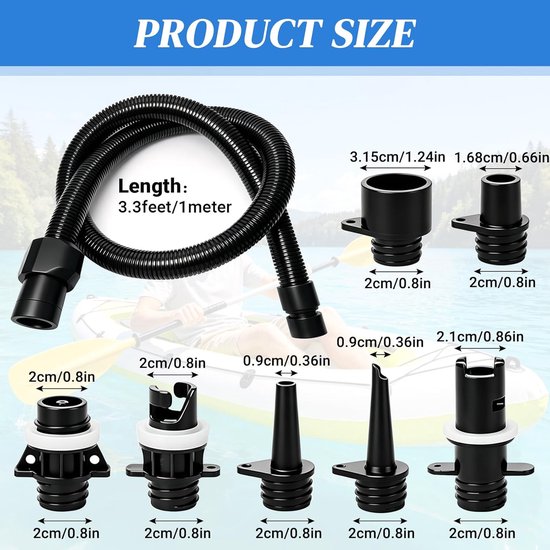 Ventieladapter Set - Opblaas Adapter - Watersport Accessoires - Universele Mondstukken - 1 Meter Slang - Zwart — afbeelding 2