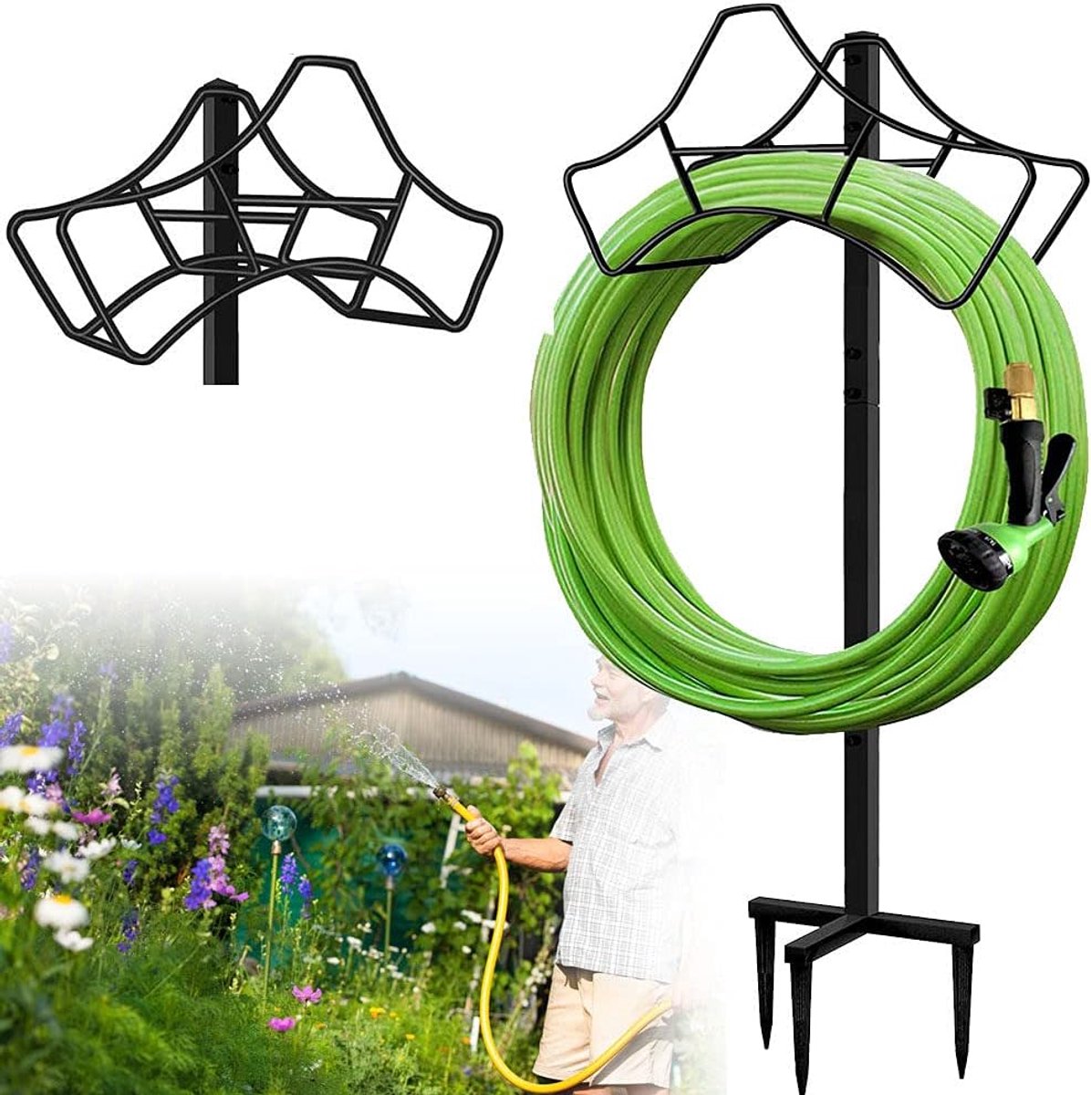 Slanghouder Tuin - Hose Stand - Tuin Organiseren - Vrijstaand Ontwerp - 125 Voet Capaciteit - Zwart