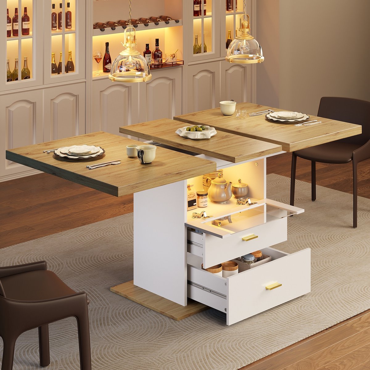 OKWISH Uitschuifbare Eettafel - Met Ledverlichting En Opbergruimte - Voor Keuken En Eetkamer - MDF Wit - 110-140x80x75 cm