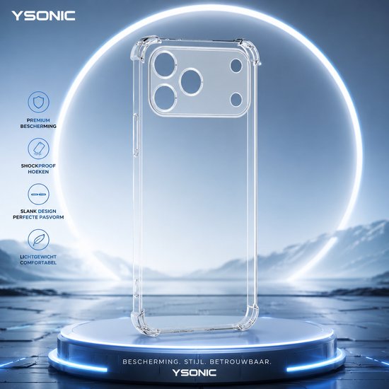Transparant YSONIC hoesje voor smartphone, slank design, perfecte pasvorm, lichtgewicht en comfortabel. Gepresenteerd op een futuristisch podium.