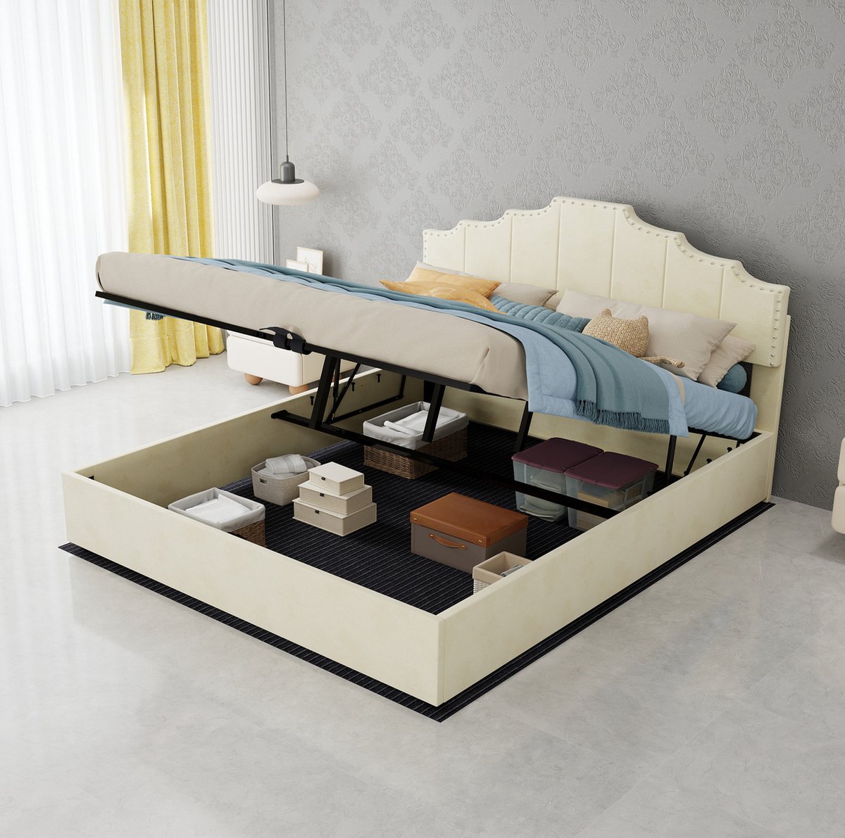 COVREO Bedframe met hoofdbord – 160x200x133 cm – Tweepersoonsbed met hydraulische stangen – Slaapmeubel volwassenen – Beige - zonder matras