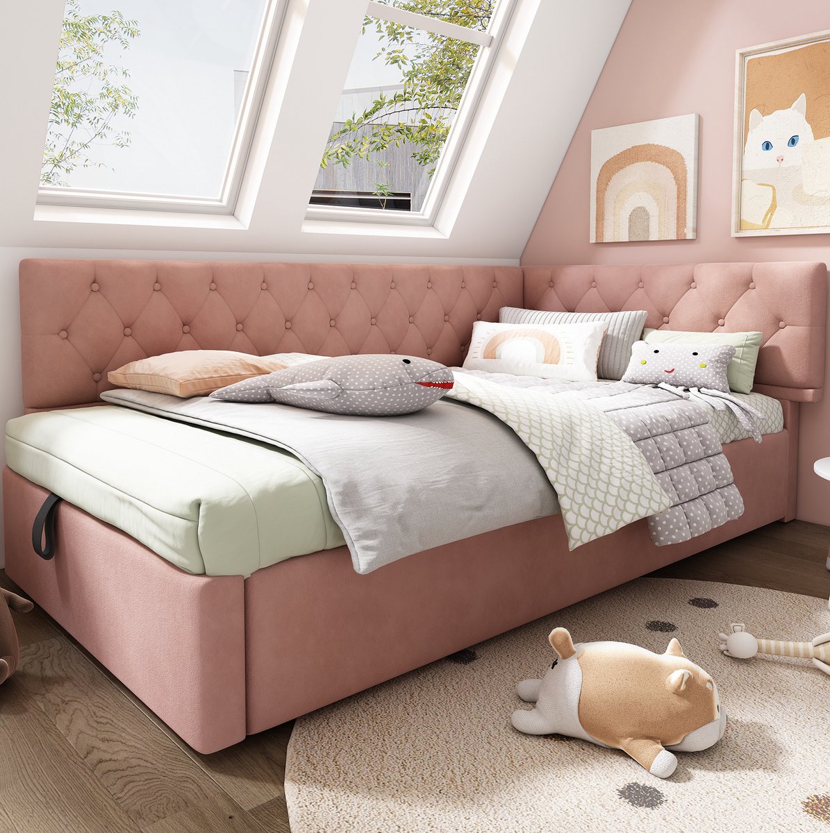 Gestoffeerd bed/slaapbank 90x200cm, slaapbank met hydraulische opbergfunctie, kinderbed/tienerbed, bedframe is een lattenbodem, fluwelen stof, roze, matras niet inbegrepen.