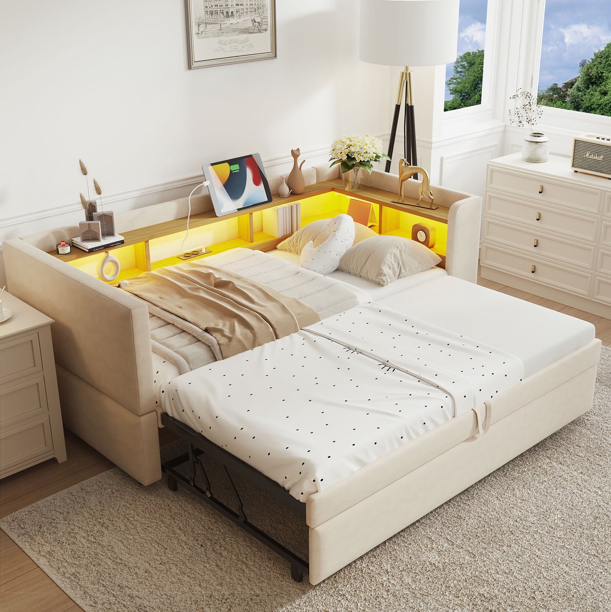 COVREO Bed 90/180x190 cm beige met LED en opbergruimte zonder matras