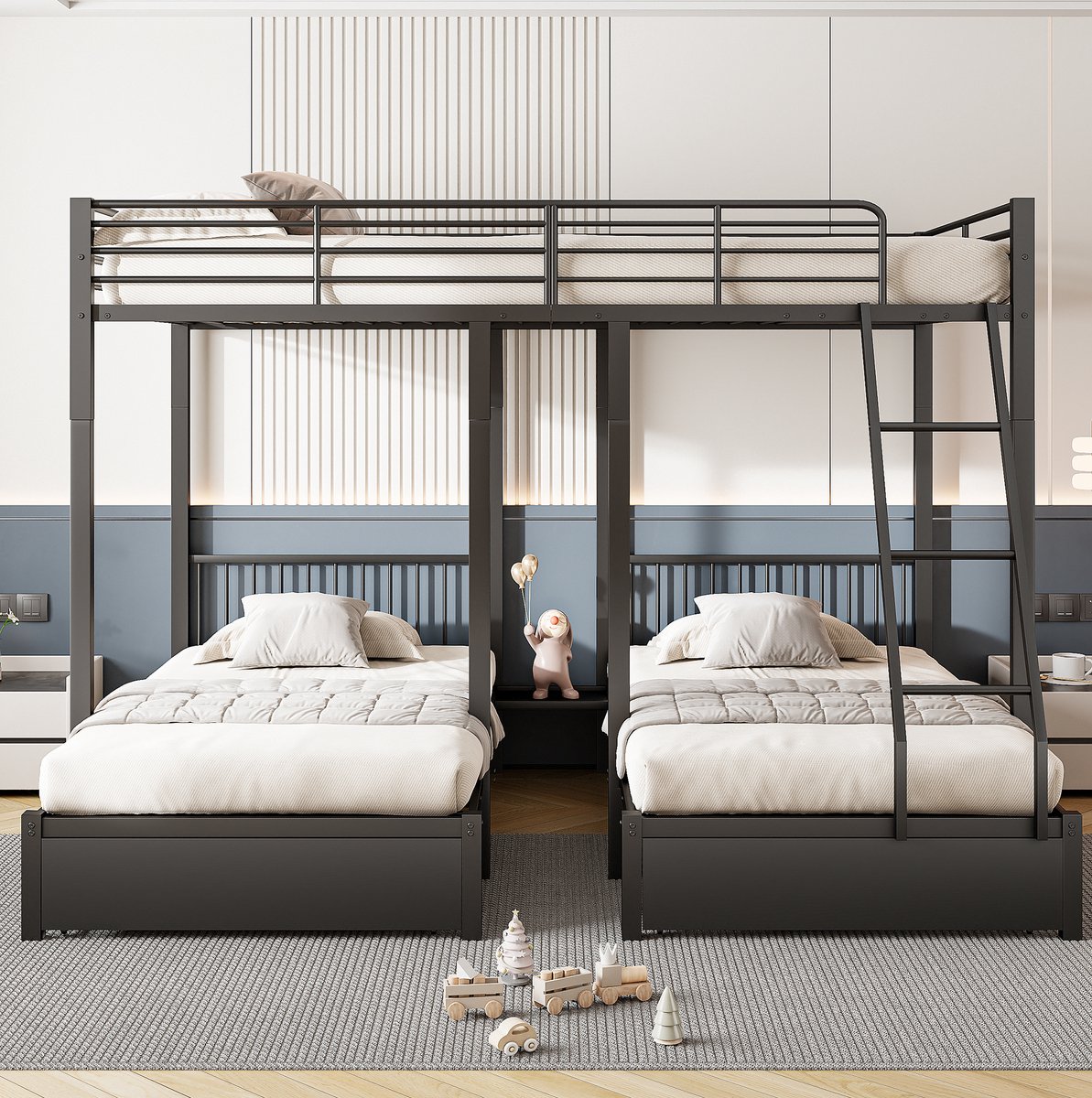 COVREO Stapelbed met ladder en lades – 246x206x177,8 cm – Metalen bedframe voor 3 slaapplaatsen – los te delen – Zwart - zonder matras
