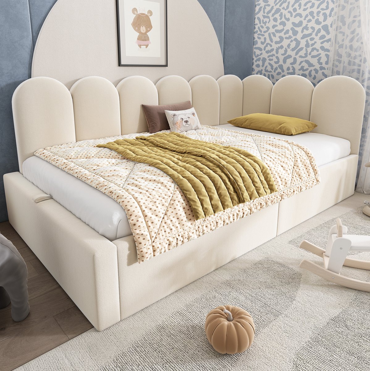 COVREO Bedbank 97x210x76 cm beige stof met opbergruimte en metalen lattenbodem