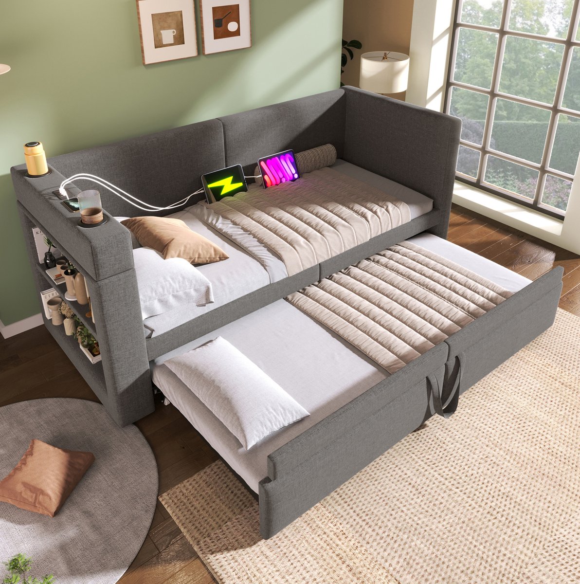 COVREO Slaapbank 90x200 cm grijs, linnenmix, uitklapbed, zonder matras Gray