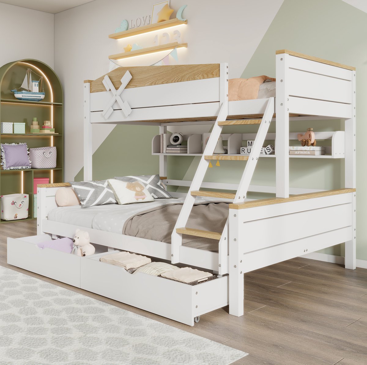 COVREO Stapelbed met windmolen en 2 lades – Kinderbed met ladder en opbergrekken – Bed voor kinderkamer en 2 slaapplaatsen – 205x145x155 cm – Wit naturel - zonder matras Wit + naturel