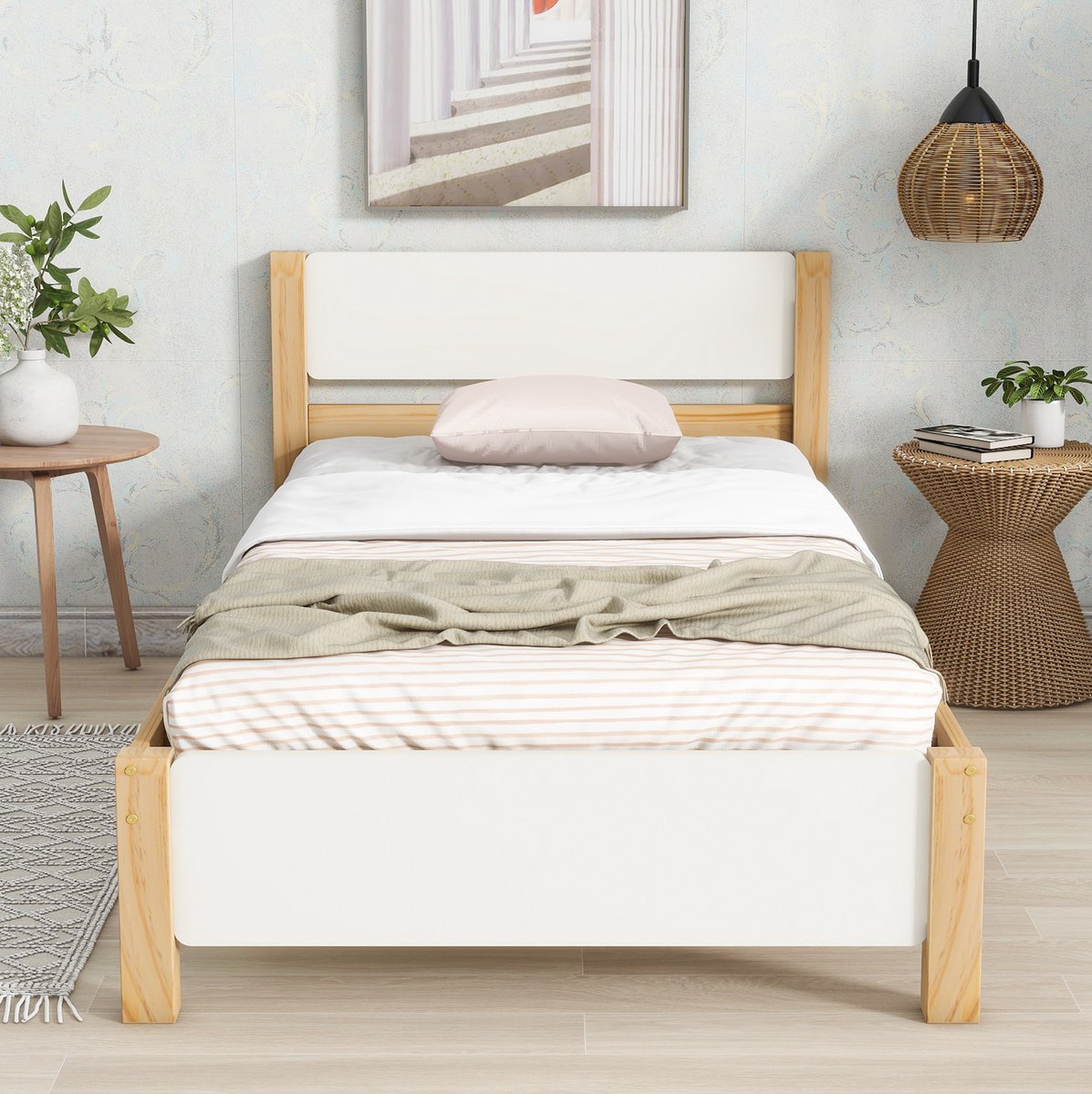 COVREO Bedframe 90x200 cm - wit naturel hout, middenpoot, zonder matras