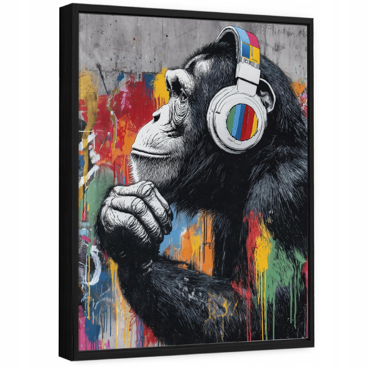 WALLARENA Schilderij op canvas in zwarte lijst - 100x70 cm - graffiti aap - wanddecoratie woonkamer en slaapkamer Veelkleurig