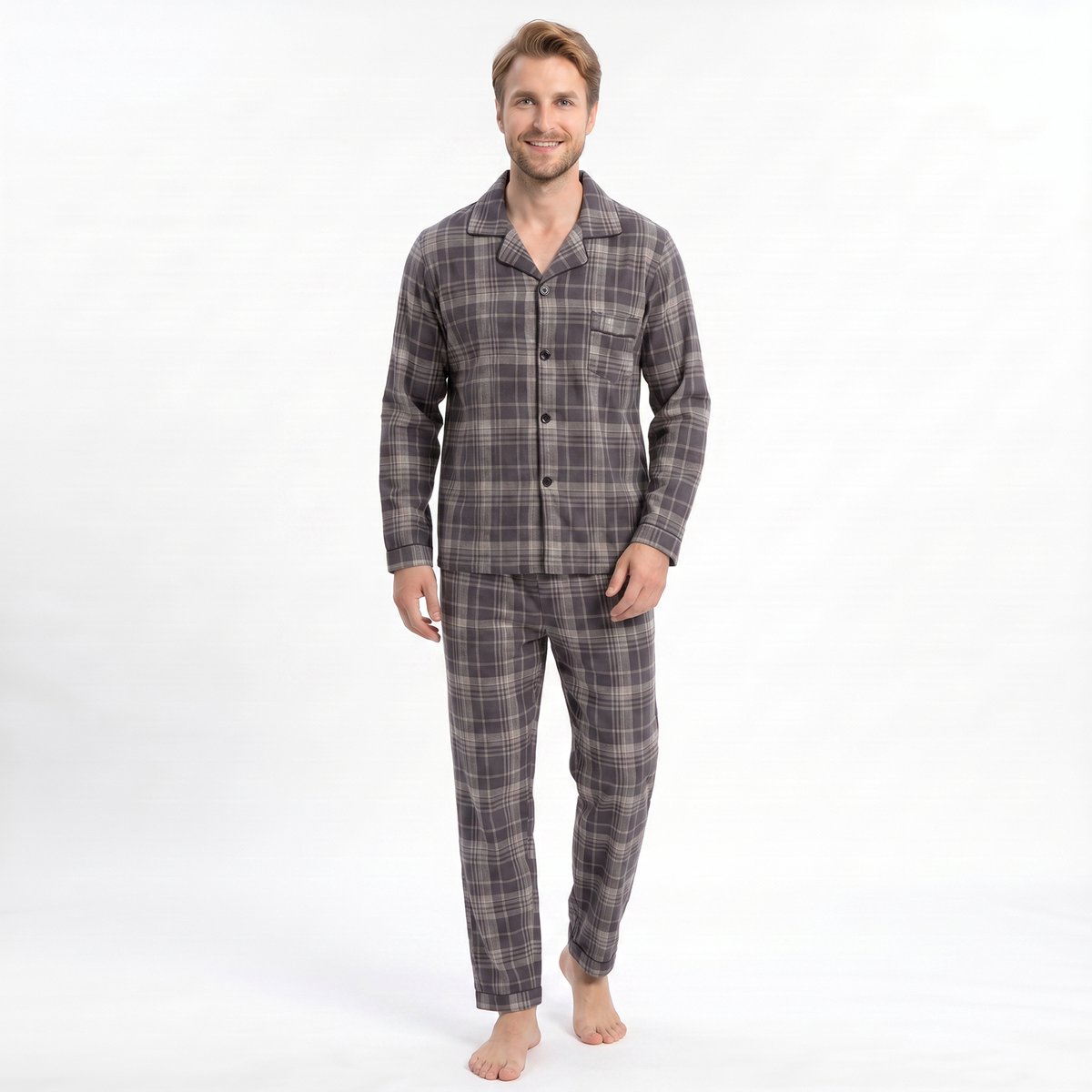 Heren Geruite Doorknoop Pyjama Lange Mouw Lange Broek - Kleine Ruitjes - Katoen - Zwart - Maat XXL - 2502-Black-XXL