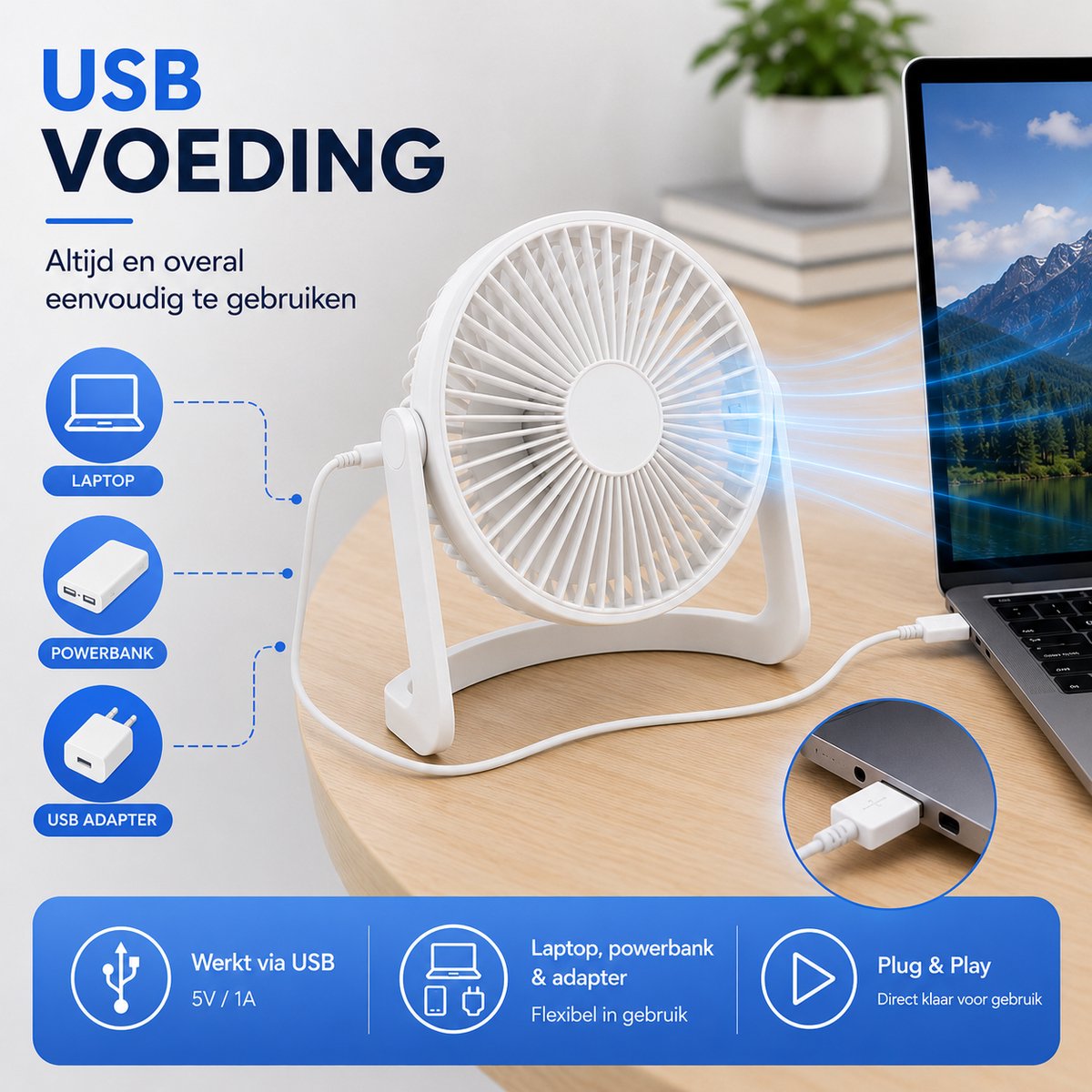 Bureau Ventilator - Mini Bureauventilator - Zuinige Tafelventilator - Kleine USB Ventilator - Kantelbare Statiefventilator - Compacte USB-C Tafelventilator - Fan Geluidloos - Bureau Airco - Desk Fan - Deskventilator - Wit - Silvergear — afbeelding 6