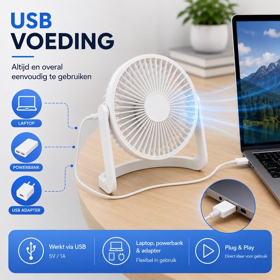 Bureau Ventilator - Mini Bureauventilator - Zuinige Tafelventilator - Kleine USB Ventilator - Kantelbare Statiefventilator - Compacte USB-C Tafelventilator - Fan Geluidloos - Bureau Airco - Desk Fan - Deskventilator - Wit - Silvergear
