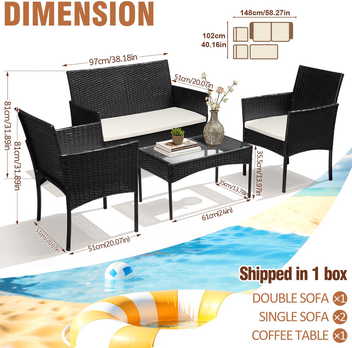 DRAKUS SP. Z O.O. Zitgroep Tuinset 4-delig van PE rotan met 2 fauteuils, 2-zitsbank en glazen tafel voor balkon en terras thumbnail 2