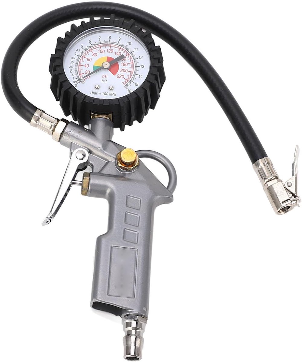 Bandenpomp met Manometer - Luchtpomp Banden - Banden Onderhoud - Roestvrijstalen Kop - 0-225 PSI - Zilver