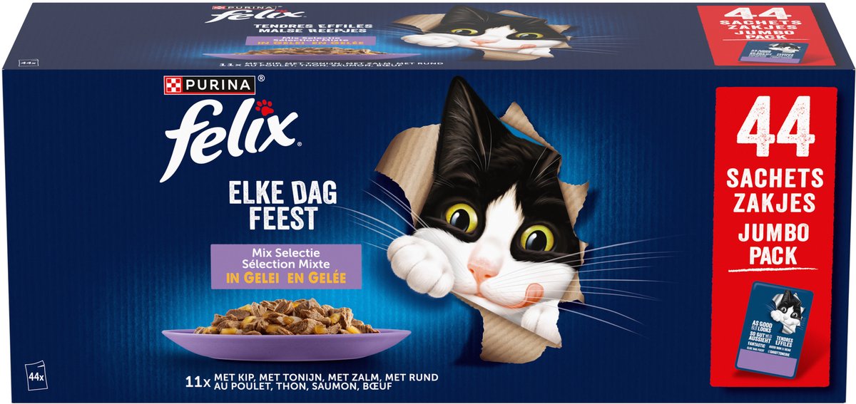 Felix Elke Dag Feest Mix Selectie - Kattenvoer Natvoer - Kip Tonijn Zalm & Rund - 44 x 85 gr